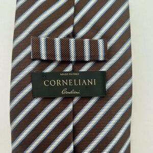 Corneliani 100% Italian Made Silk Jacquard Brown Blue White Diagonal Stripe Tie